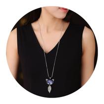 Colar Longo Raposa Prata com Cristal Azul Feminino Luxo