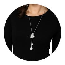 Colar Longo Rosa Branca Prata com Pérola Feminino Luxo - Colar Longo Rosa Branca Prata com Pérola Feminino Luxo -