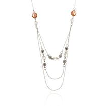Colar Longo Three Chains Rose - Cristais Transparentes e Rose - Banhado a Ródio Branco