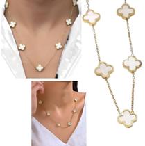 Colar Longo Trevo da Sorte Madrepérola Masculino em Aço Inox