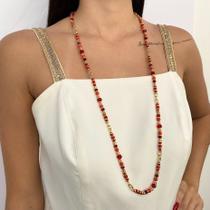 Colar Longo Vermelho Dourado Artesanal Colar Longo Vermelho Dourado Artesanal