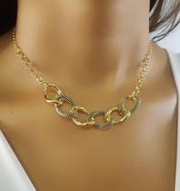 Colar Luxury Elos Liso e Micro Zircônia Negra Banhado a Ouro