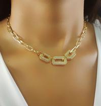 Colar Luxury Elos Micro Zircônia Cristal e Liso Banhado a Ouro