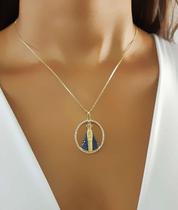 Colar Mandala Nossa Senhora Aparecida Micro Zircônia Cristal e Azul Banhado a Ouro