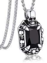 Colar masculino Bandmax, caveira de aço inoxidável, pedra de ônix preta