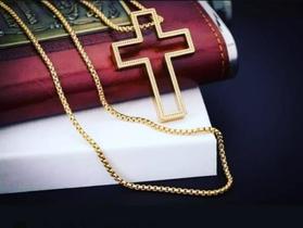 Colar Masculino , c/ crucifixo em Inox Dourado .