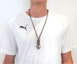 Colar Masculino Couro Âncora Vintage