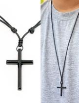 Colar Masculino Crucifixo Cruz Preto Fosco Cordão Ajustável