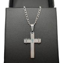 colar masculino crucifixo pai nosso inox prateado 3x1 c2