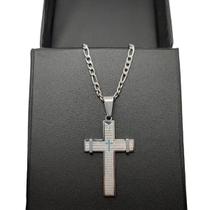 colar masculino crucifixo pai nosso inox prateado 3x1 c2