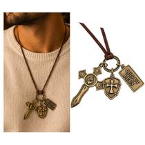 Colar Masculino em Couro Escudo e Espada de São Miguel Arcanjo Ouro Velho Colar Masculino em Couro Escudo e Espada de São Miguel Arcanjo Ouro Velho