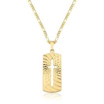 Colar masculino placa retangular com crucifixo vazado