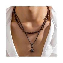 Colar Masculino Vintage Étnico Geométrico Boho Com Contas De Madeira De Coco E Corrente Salircon