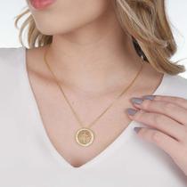 Colar Medalha Cruz e Mensagem Tudo Posso Naquele que me Fortalece Banhado a Ouro 18K