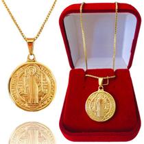 Colar Medalha de São Bento Dupla Face Banhado a Ouro 18k + Caixinha e Garantia