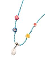 Colar- Miçangas Azul Claro com Flores Coloridas e Búzio