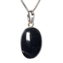 Colar Mini Cabochão Pedra Turmalina Preta 18mm Prata 950