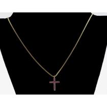 Colar Mini Cruz Cravejada com Zircônia Rosa Banhado em Ouro 18K