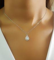 Colar Mini Elo com Gota Micro Zircônia Cristal Aço Inox