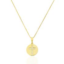 Colar Mini Medalha e Crucifixo Cristal Banhado a Ouro