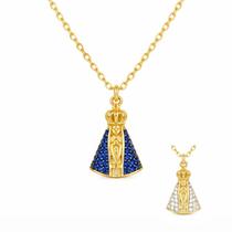 Colar Mini Nossa Senhora Dupla Face Zircônia Cristal e Azul Banhado a Ouro