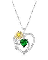 Colar Molenia, coração de girassol, esmeralda, banhado a ouro branco 18K