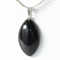 Colar Navete 28mm Pedra Obsidiana Negra Natural Prateado