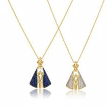 Colar Nossa Senhora Dupla Face com Zircônia Cristal e Azul Banhado em Ouro18k Colar Nossa Senhora Dupla Face com Zircônia Cristal e Azul Banhado em Ouro18k
