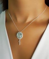 Colar Nossa Senhora Milagrosa com Cruz Micro Zircônia Cristal Banhado a Prata