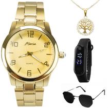 Colar + oculos sol protecao UV + relogio feminino dourado casual analógico + relógio bracelete