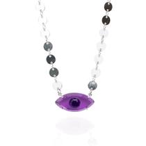 Colar olho grego lilás c/placa lisa ródio branco