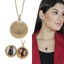 Colar Ouro Relicário Dourado Redondo Arabesco Grande Banhado Colar Ouro Relicário Dourado Redondo Arabesco Grande Banhado