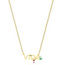 Colar Palavra Vida Com Pedras Coloridas Folheado A Ouro