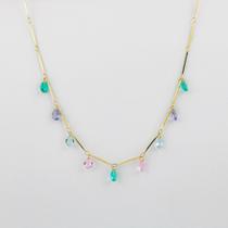 Colar palito gotas de zircônia coloridas banhado a ouro 18k