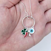 Colar Patuá Proteção: figa, olho grego, pimenta, e trevo da sorte * Banhado em Prata 928