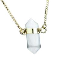 Colar Pedra Quartzo Leitoso Micro Bi Ponta Natural Dourado