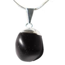 Colar Pedra Rolada Obsidiana Negra Envolto Prateado Colar Pedra Rolada Obsidiana Negra Envolto Prateado