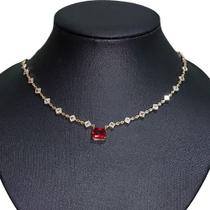 Colar Pedra Zirconia Dourado Preto Vermelho Folheado Ouro