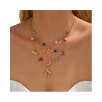 Colar Pendente Multicamadas Dourado Celestial Para Mulheres Com Pedras Coloridas Joias De Estrela E Colar Pendente Multicamadas Dourado Celestial Para Mulheres Com Pedras Coloridas Joias De Estrela E