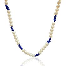 Colar Pérola Água Doce Natural com Lápis Lazuli Fecho em Prata 925 - 10745