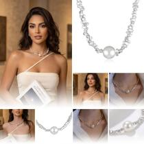 Colar Pérolas 6mm Laço Lateral Aço Cirúrgico Banhado Prata Colar Pérolas 6mm Laço Lateral Aço Cirúrgico Banhado Prata