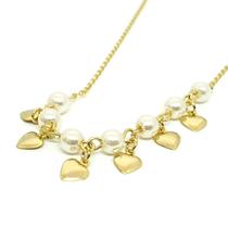 Colar Pérolas com Pendentes Corações Folheado a Ouro 18k Colar Pérolas com Pendentes Corações Folheado a Ouro 18k