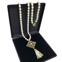 Colar Pérolas Legítimas Flor Arabesco Tassel Banho Ouro 4822
