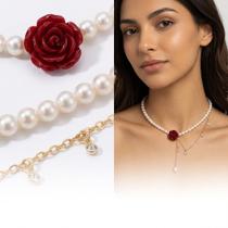 Colar Pérolas Rosa Vermelha Aço Cirúrgico Banhado a Ouro 18k