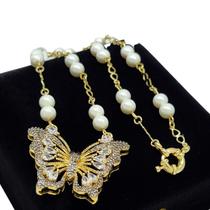 Colar Pérolas Shell Com Borboleta Cravejada Zirconias Banho de Ouro 18k 4511