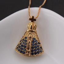 Colar Pingent Nossa Senhora Aparecida Zircônia Azul Folheado - Colar Pingent Nossa Senhora Aparecida Zircônia Azul Folheado -