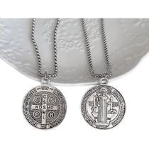 Colar Pingente Aço Prata São Bento Grafite Masculino Pai Fé católica Religião e proteção divina