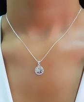 Colar Pingente Árvore da Vida Redondo Cravejado Micro Zircônia Cristal Banhado a Prata