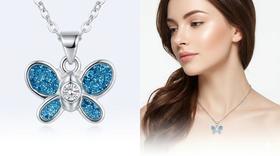 Colar Pingente Borboleta Banhado Prata Opala Azul