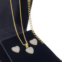Colar Pingente Brincos Coração Cravejados Com Zirconias Banho De Ouro 18k 4637 Colar Pingente Brincos Coração Cravejados Com Zirconias Banho De Ouro 18k 4637